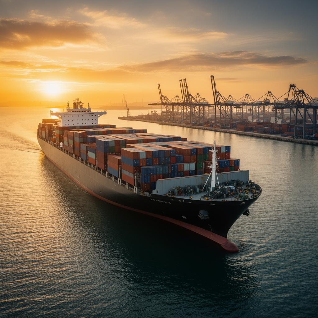Navio porta-contêineres em porto internacional ao amanhecer
